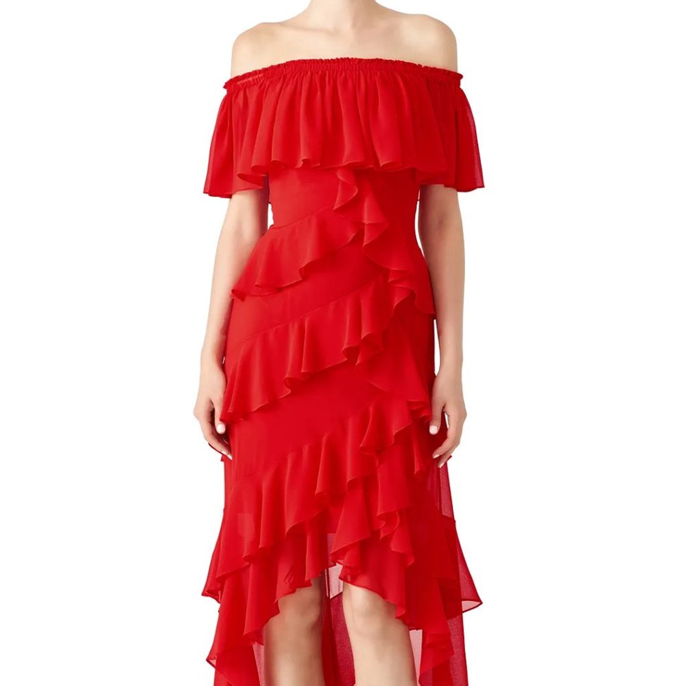 Badgley Mischka Womens Off Shoulder Ruffle High Low Gown Red Size 4